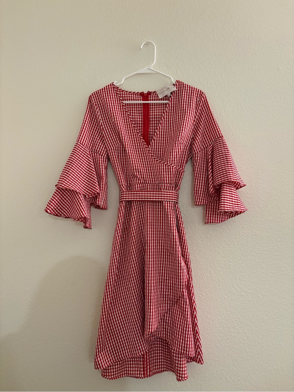 Charles Henry Gingham Wrap Midi Dress in Red & White
